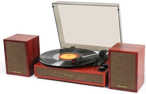 Vinyl Record Player with Dual External Speakers, 3 Speed Vintage Stereo Turntable for Vinyl Records, Bluetooth Input, Auto Stop & Belt Driven System, RCA Out and Aux in - Reddish Wood Vinyl Record Player with Dual External Speakers, 3 Speed Vintage Stereo Turntable for Vinyl Records, Bluetooth Input, Auto Stop & Belt Driven System, RCA Out and Aux in - Reddish Wood