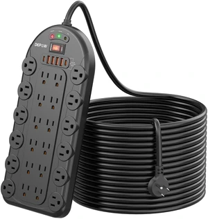20 Ft Power Strip Surge Protector (3,400 Joules), 24 AC Multiple Outlets (1875W/15A) with 6 USBs (2 USB-C Ports), ETL Listed, Flat Plug Heavy Duty Long Extension Cord for Home, Office, Black 20 Ft Power Strip Surge Protector (3,400 Joules), 24 AC Multiple Outlets (1875W/15A) with 6 USBs (2 USB-C Ports), ETL Listed, Flat Plug Heavy Duty Long Extension Cord for Home, Office, Black