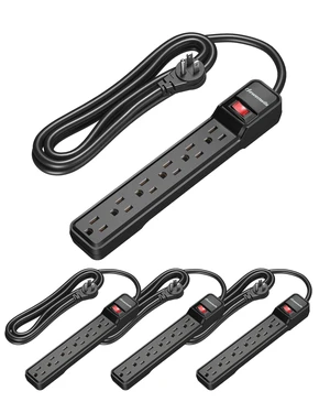 6 Foot Long Power Strip, 6-Outlet Power Strip 6FT, 15 Amp Circuit Breaker, Low Profile Flat Plug, Surge Protector for Office, Living Room, Bedroom, 4 Pack, Wall Mount, Black 6 Foot Long Power Strip, 6-Outlet Power Strip 6FT, 15 Amp Circuit Breaker, Low Profile Flat Plug, Surge Protector for Office, Living Room, Bedroom, 4 Pack, Wall Mount, Black