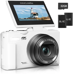 Digital Camera for Photography, 4K Vlogging Camera for YouTube 3" 180° Flip Screen 18X Digital Zoom Compact Cameras with 32GB TF Card & 2 Batteries, White Digital Camera for Photography, 4K Vlogging Camera for YouTube 3" 180° Flip Screen 18X Digital Zoom Compact Cameras with 32GB TF Card & 2 Batteries, White
