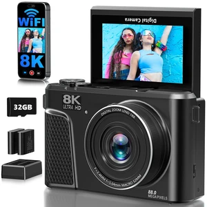8K Digital Camera for Photography, 88MP Autofocus Vlogging Camera for YouTube, 18X Zoom 3" 180° Flip Screen Travel Camera with 2 Batteries and 32 GB Gard, Gunmetal 8K Digital Camera for Photography, 88MP Autofocus Vlogging Camera for YouTube, 18X Zoom 3" 180° Flip Screen Travel Camera with 2 Batteries and 32 GB Gard, Gunmetal