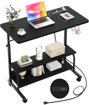 Rolling Standing Desk with Charging Station, Portable Height Adjustable Mobile Computer Desk with Wheels & 2-Tier Shelves & Hooks, Easy Assembly Laptop Table for Couch Bed, 32" Black Rolling Standing Desk with Charging Station, Portable Height Adjustable Mobile Computer Desk with Wheels & 2-Tier Shelves & Hooks, Easy Assembly Laptop Table for Couch Bed, 32" Black