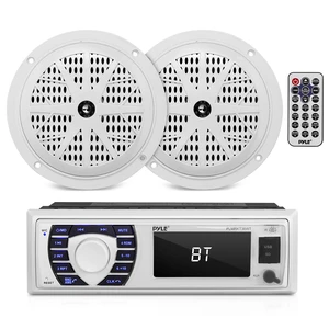 Marine Receiver & Speaker Kit - In-Dash LCD Digital Stereo Built-in Bluetooth & Microphone w/ AM FM Radio System 5.25 Waterproof Speakers (2) MP3/USB/SD Readers & Remote Control - PLMRKT36WT Marine Receiver & Speaker Kit - In-Dash LCD Digital Stereo Built-in Bluetooth & Microphone w/ AM FM Radio System 5.25 Waterproof Speakers (2) MP3/USB/SD Readers & Remote Control - PLMRKT36WT
