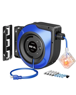 6 Grounded Outlets Retractable Extension Cord Reel, 60FT Heavy Duty Power Cord, Llluminatedn/off Switch, Wall/Ceiling Mounted for Garage, Workshop, ETL Listed 6 Grounded Outlets Retractable Extension Cord Reel, 60FT Heavy Duty Power Cord, Llluminatedn/off Switch, Wall/Ceiling Mounted for Garage, Workshop, ETL Listed