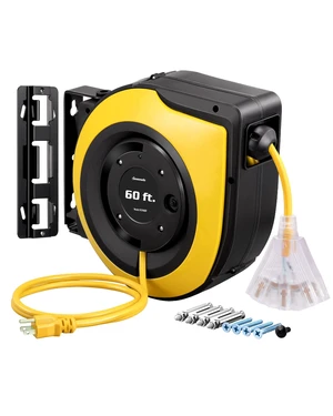 Retractable Cord Reel, 60FT Heavy Duty Extension Cord, 12AWG/3C SJTOW, 3 Grounded Outlets Lighted Triple Tap, 15A Circuit Breaker, Wall/Ceiling Mounted for Garage, Workshop, UL Listed Retractable Cord Reel, 60FT Heavy Duty Extension Cord, 12AWG/3C SJTOW, 3 Grounded Outlets Lighted Triple Tap, 15A Circuit Breaker, Wall/Ceiling Mounted for Garage, Workshop, UL Listed