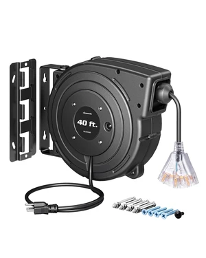 Extension Cord Reel, 40FT Retractable Cord Reel, 12/3AWG SJTOW, Lighted Triple Tap Outlets, 15 Amp Circuit Breaker, Ceiling/Wall Mount, UL Listed Extension Cord Reel, 40FT Retractable Cord Reel, 12/3AWG SJTOW, Lighted Triple Tap Outlets, 15 Amp Circuit Breaker, Ceiling/Wall Mount, UL Listed