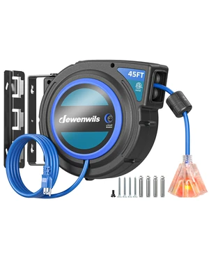 45FT Retractable Extension Cord Reel with Twist-lock Stopper, 12/3C/15A SJTOW Power Cord Reel, Lightweight and Portable, for Home Maintenance, Garages, Workshops, ETL Listed, Blue 45FT Retractable Extension Cord Reel with Twist-lock Stopper, 12/3C/15A SJTOW Power Cord Reel, Lightweight and Portable, for Home Maintenance, Garages, Workshops, ETL Listed, Blue