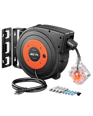 40 FT Retractable Extension Cord Reel with 6 Grounded Outlets, Twist-lock Stopper, 12/3C SJTOW Heavy Duty Power Cord, Wall/Ceiling Mounted for Garage, Workshop, ETL Listed 40 FT Retractable Extension Cord Reel with 6 Grounded Outlets, Twist-lock Stopper, 12/3C SJTOW Heavy Duty Power Cord, Wall/Ceiling Mounted for Garage, Workshop, ETL Listed