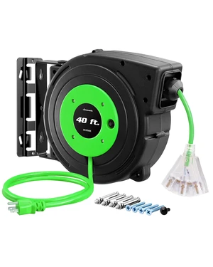 Retractable Extension Cord Reel, 40 FT Heavy Duty Power Cord, 12/3C SJTOW Retractable Cord Reel, Lighted Triple Tap Outlets, 15A Circuit Breaker, Wall/Ceiling Mount, UL Listed, Green Retractable Extension Cord Reel, 40 FT Heavy Duty Power Cord, 12/3C SJTOW Retractable Cord Reel, Lighted Triple Tap Outlets, 15A Circuit Breaker, Wall/Ceiling Mount, UL Listed, Green
