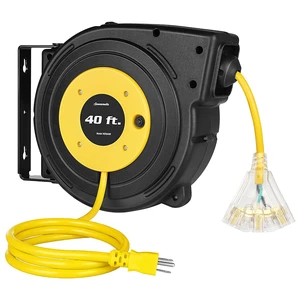 40FT Retractable Extension Cord Reel, Heavy Duty Power Cord Reel with 3-Lighted Triple Outlets, 12AWG/3C SJTOW Cord, 15A Circuit Breaker, Wall/Ceiling Mounted, UL Listed, Yellow 40FT Retractable Extension Cord Reel, Heavy Duty Power Cord Reel with 3-Lighted Triple Outlets, 12AWG/3C SJTOW Cord, 15A Circuit Breaker, Wall/Ceiling Mounted, UL Listed, Yellow
