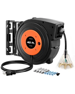 Retractable Extension Cord Reel, 40 FT Heavy Duty Power Cord, 12AWG/3C SJTOW, 3 Grounded Outlets Lighted Triple Tap, 15 Amp Circuit Breaker, UL Listed Retractable Extension Cord Reel, 40 FT Heavy Duty Power Cord, 12AWG/3C SJTOW, 3 Grounded Outlets Lighted Triple Tap, 15 Amp Circuit Breaker, UL Listed