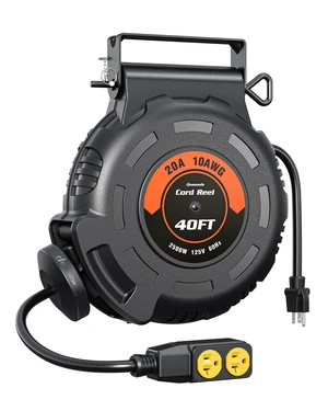 10 Gauge Retractable Extension Cord Reel, 40FT 10AWG/3C SJTW Heavy Duty Power Cord, 4 Grounded Outlets, 20 Amp Circuit Breaker, 2500W, 180° Swivel Bracket for Ceiling/Wall Mount, ETL Listed 10 Gauge Retractable Extension Cord Reel, 40FT 10AWG/3C SJTW Heavy Duty Power Cord, 4 Grounded Outlets, 20 Amp Circuit Breaker, 2500W, 180° Swivel Bracket for Ceiling/Wall Mount, ETL Listed