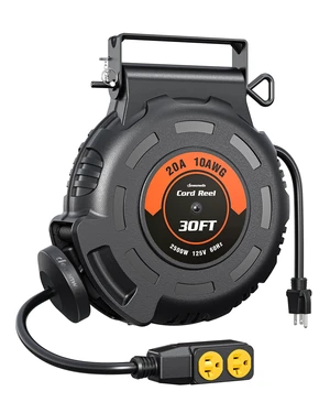 20Amp Retractable Extension Cord Reel, 30FT 2500W Heavy Duty Power Cord Reel, 10AWG/3C SJTW Industrial Cable, 4 Grounded Outlets, 180° Swivel Bracket for Garage Workshop Construction Site 20Amp Retractable Extension Cord Reel, 30FT 2500W Heavy Duty Power Cord Reel, 10AWG/3C SJTW Industrial Cable, 4 Grounded Outlets, 180° Swivel Bracket for Garage Workshop Construction Site