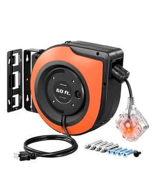 6 Grounded Outlets Retractable Extension Cord Reel, 60FT Heavy Duty Power Cord, Llluminatedn/off Switch, Wall/Ceiling Mounted for Garage, Workshop, ETL Listed 6 Grounded Outlets Retractable Extension Cord Reel, 60FT Heavy Duty Power Cord, Llluminatedn/off Switch, Wall/Ceiling Mounted for Garage, Workshop, ETL Listed