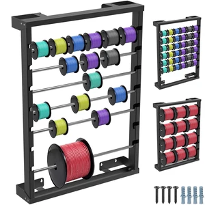 Heavy Duty Wall-Mounted Wire Spool Rack Cable Reel Holder and Dispenser with 6 Adjustable Stainless Steel Rods for Industrial, Electrical, and Retail Storage and Display (Black) Heavy Duty Wall-Mounted Wire Spool Rack Cable Reel Holder and Dispenser with 6 Adjustable Stainless Steel Rods for Industrial, Electrical, and Retail Storage and Display (Black)