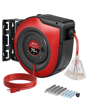 Retractable Extension Cord Reel, 75 FT Heavy Duty Extension Cord, 14AWG/3C SJTOW, 3 Grounded Outlets Lighted Triple Tap, 10A Circuit Breaker, Wall/Ceiling Mounted, UL Listed, Red R75CR06 Retractable Extension Cord Reel, 75 FT Heavy Duty Extension Cord, 14AWG/3C SJTOW, 3 Grounded Outlets Lighted Triple Tap, 10A Circuit Breaker, Wall/Ceiling Mounted, UL Listed, Red R75CR06