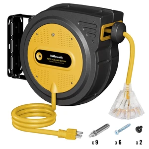 75 FT Retractable Extension Cord Reel, Heavy Duty Power Cord, 14AWG/3C SJTOW, 3 Grounded Outlets Lighted Triple Tap, 10A Circuit Breaker, Wall/Ceiling Mounted, ETL Listed, Yellow Y75ACR06 75 FT Retractable Extension Cord Reel, Heavy Duty Power Cord, 14AWG/3C SJTOW, 3 Grounded Outlets Lighted Triple Tap, 10A Circuit Breaker, Wall/Ceiling Mounted, ETL Listed, Yellow Y75ACR06