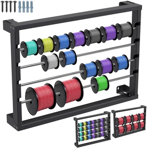 Heavy Duty Wall-Mounted Wire Spool Rack Cable Reel Holder and Dispenser with 4 Adjustable Stainless Steel Rods for Industrial, Electrical, and Retail Storage and Display (Black) Heavy Duty Wall-Mounted Wire Spool Rack Cable Reel Holder and Dispenser with 4 Adjustable Stainless Steel Rods for Industrial, Electrical, and Retail Storage and Display (Black)
