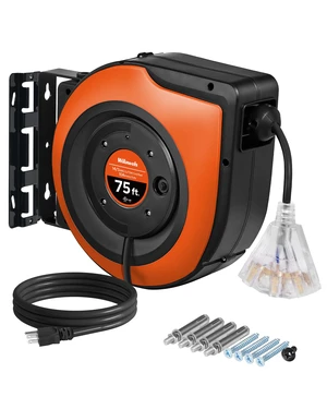 Retractable Cord Reel, 75 FT Heavy Duty Extension Cord, 14AWG/3C SJTOW, 3 Grounded Outlets Lighted Triple Tap, 10A Circuit Breaker, Wall/Ceiling Mounted, UL Listed, Black B75CR06 Retractable Cord Reel, 75 FT Heavy Duty Extension Cord, 14AWG/3C SJTOW, 3 Grounded Outlets Lighted Triple Tap, 10A Circuit Breaker, Wall/Ceiling Mounted, UL Listed, Black B75CR06