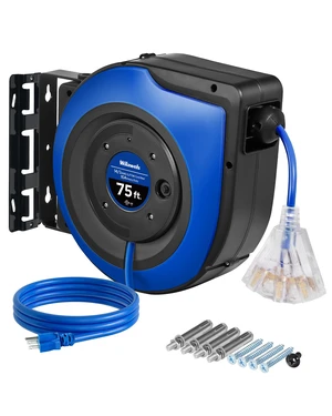 Retractable Cord Reel, 75 FT Heavy Duty Extension Cord, 14AWG/3C SJTOW, 3 Grounded Outlets Lighted Triple Tap, 10A Circuit Breaker, Wall/Ceiling Mounted, UL Listed, Blue U75CR06 Retractable Cord Reel, 75 FT Heavy Duty Extension Cord, 14AWG/3C SJTOW, 3 Grounded Outlets Lighted Triple Tap, 10A Circuit Breaker, Wall/Ceiling Mounted, UL Listed, Blue U75CR06