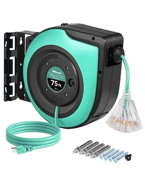 Retractable Cord Reel, 75 FT Heavy Duty Extension Cord, 14AWG/3C SJTOW, 3 Grounded Outlets Lighted Triple Tap, 10A Circuit Breaker, Wall/Ceiling Mounted, UL Listed, Light Green A75CR06 Retractable Cord Reel, 75 FT Heavy Duty Extension Cord, 14AWG/3C SJTOW, 3 Grounded Outlets Lighted Triple Tap, 10A Circuit Breaker, Wall/Ceiling Mounted, UL Listed, Light Green A75CR06