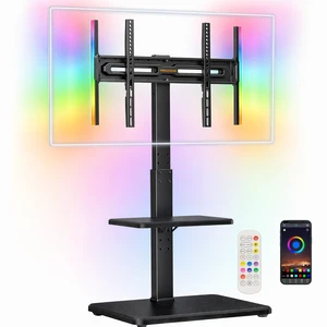 Floor TV Stand with LED Lights for 34-75 inch TVs up to 110 lbs, Max VESA 600x400mm, Swivel, Tilt, 12 Height Levels, TV Backlights with Music Sync, Solid Wood Base, PGFS21B Floor TV Stand with LED Lights for 34-75 inch TVs up to 110 lbs, Max VESA 600x400mm, Swivel, Tilt, 12 Height Levels, TV Backlights with Music Sync, Solid Wood Base, PGFS21B