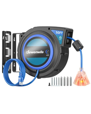 Retractable Extension Cord Reel, 50 FT 14/3C SJTOW Heavy Duty Power Cord with Lighted Triple Tap Outlet, 180° Swivel Bracket for Ceiling/Wall Mount, 13A Circuit Breaker, ETL Listed, Blue Retractable Extension Cord Reel, 50 FT 14/3C SJTOW Heavy Duty Power Cord with Lighted Triple Tap Outlet, 180° Swivel Bracket for Ceiling/Wall Mount, 13A Circuit Breaker, ETL Listed, Blue