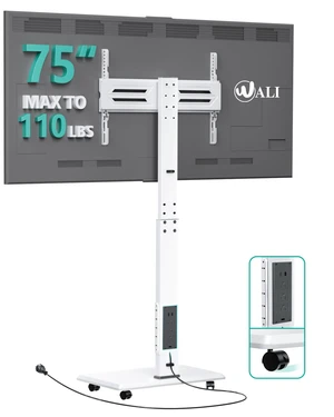 Rolling TV Stand with Power Outlet, Mobile Tall TV Stand Mount on Wheels for 39-75 inch TV up to 110 lbs, Swivel Height Adjustable TV Cart with Wood Base for Bedroom(TVDVD-7PRW), White Rolling TV Stand with Power Outlet, Mobile Tall TV Stand Mount on Wheels for 39-75 inch TV up to 110 lbs, Swivel Height Adjustable TV Cart with Wood Base for Bedroom(TVDVD-7PRW), White