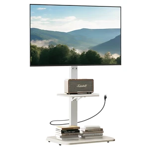 Floor TV Stand with Power Outlet, Universal TV Stand for 32-75 inch TVs up to 110 lbs, Tall TV Mount for Bedroom with Shelf, Wood Base, Height Adjustable, Max VESA 600x400mm, White, PGFS06W Floor TV Stand with Power Outlet, Universal TV Stand for 32-75 inch TVs up to 110 lbs, Tall TV Mount for Bedroom with Shelf, Wood Base, Height Adjustable, Max VESA 600x400mm, White, PGFS06W