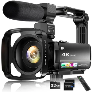 4K Video Camera Camcorder 64MP Vlogging Camera for YouTube 3.0" Touch Screen 18X Digital Zoom IR Night Vision with External Stereo Microphone,Remote,Lens Hood,Handheld Stabilizer,32G Card &2 Batteries 4K Video Camera Camcorder 64MP Vlogging Camera for YouTube 3.0" Touch Screen 18X Digital Zoom IR Night Vision with External Stereo Microphone,Remote,Lens Hood,Handheld Stabilizer,32G Card &2 Batteries