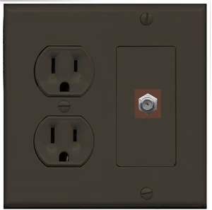 (2 Gang Decorative) 15 Amp Round Power Outlet Coax Cable TV Wall Plate - Brown (2 Gang Decorative) 15 Amp Round Power Outlet Coax Cable TV Wall Plate - Brown