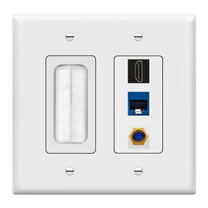 Double Gang Datacomm Bundle with Multimedia Pass-Through Insert, 3-Port Keystone Jack Insert, Coaxial, Ethernet, HDMI Keystones, and 2-Gang Decorator Wall Plate, TG889173MCFH-W, White Double Gang Datacomm Bundle with Multimedia Pass-Through Insert, 3-Port Keystone Jack Insert, Coaxial, Ethernet, HDMI Keystones, and 2-Gang Decorator Wall Plate, TG889173MCFH-W, White