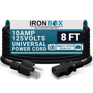 IronBox Electric NEMA 5-15 Plug to IEC C13 Connector Power Cords - 10A,125V, 18/3 SJT - UL Listed Universal Power Supply Cable - Jumper Cord for Computer, Monitor, Desktop, Speaker & More (8ft, Black) IronBox Electric NEMA 5-15 Plug to IEC C13 Connector Power Cords - 10A,125V, 18/3 SJT - UL Listed Universal Power Supply Cable - Jumper Cord for Computer, Monitor, Desktop, Speaker & More (8ft, Black)