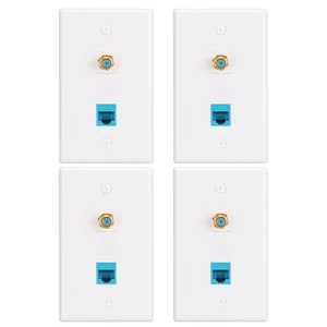 Ethernet Coax Wall Plate, 3GHz, 4 Pack Includes CAT6 Keystone Coupler and 3GHz Gold Plated Coax Keystone Jack; F Type Port Wall Plate Ethernet Coax Wall Plate, 3GHz, 4 Pack Includes CAT6 Keystone Coupler and 3GHz Gold Plated Coax Keystone Jack; F Type Port Wall Plate
