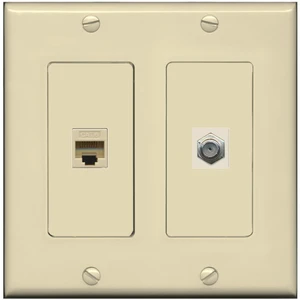 1 Port Coax Cable TV- F-Type 1 Port Cat6 Ethernet Dual Gang Wall Plate - Ivory 1 Port Coax Cable TV- F-Type 1 Port Cat6 Ethernet Dual Gang Wall Plate - Ivory