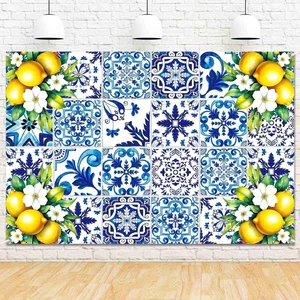 7x5ft Blue White Lemon Backdrop Birthday Decorations Summer Italian Blue Tiles Lemon Themed Party Decor Props for Bridal Shower Baby Shower Photography Background 7x5ft Blue White Lemon Backdrop Birthday Decorations Summer Italian Blue Tiles Lemon Themed Party Decor Props for Bridal Shower Baby Shower Photography Background