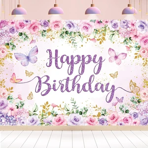 Purple Floral Happy Birthday Backdrop 8x6FT Watercolor Butterflies Flowers Photography Background Women Girls Birthday Party Decorations Cake Table Banner Photo Props Purple Floral Happy Birthday Backdrop 8x6FT Watercolor Butterflies Flowers Photography Background Women Girls Birthday Party Decorations Cake Table Banner Photo Props