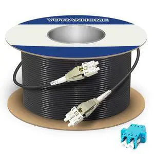 50 Meters Uniboot OM3 Fiber LC to LC Outdoor Armored Fiber Optic Cable, 40GB/10GB Multimode Patch Cord Duplex 50/125, LC-LC Multi Mode, Low Friction LSZH Black, OD-3.0mm 50 Meters Uniboot OM3 Fiber LC to LC Outdoor Armored Fiber Optic Cable, 40GB/10GB Multimode Patch Cord Duplex 50/125, LC-LC Multi Mode, Low Friction LSZH Black, OD-3.0mm