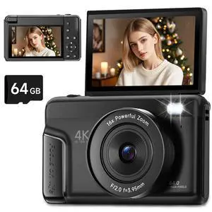 4K Digital Camera for Photography and Vlogging, 64MP Autofocus Digital Camera for YouTube with 3" 180° Flip Screen, 16X Zoom Compact Point and Shoot Camera with 64GB SD Card for Beginner Travel, Black 4K Digital Camera for Photography and Vlogging, 64MP Autofocus Digital Camera for YouTube with 3" 180° Flip Screen, 16X Zoom Compact Point and Shoot Camera with 64GB SD Card for Beginner Travel, Black