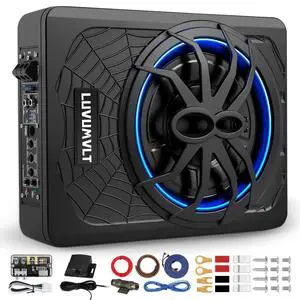 1200W 10" Car Subwoofer, Slim Under Seat Powered Subwoofer and Amp Package,High/Low Level Input, Car/Truck Audio Sub Built-in Amplifier amp Combo Package, with Blue LED Light 1200W 10" Car Subwoofer, Slim Under Seat Powered Subwoofer and Amp Package,High/Low Level Input, Car/Truck Audio Sub Built-in Amplifier amp Combo Package, with Blue LED Light