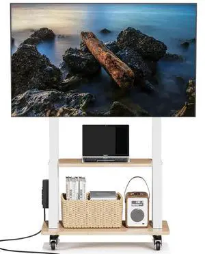 Mobile TV Stand with Power Outlet, Wood Shelf Portable TV Stand on Wheels for 32 to 55 65 70 75 inch Television, Height Adjustable White TV Cart, Holds up to 130LBS, Vesa 600×400mm Mobile TV Stand with Power Outlet, Wood Shelf Portable TV Stand on Wheels for 32 to 55 65 70 75 inch Television, Height Adjustable White TV Cart, Holds up to 130LBS, Vesa 600×400mm