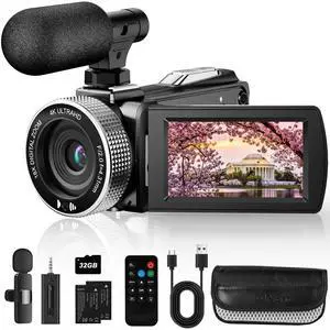 4K Ultra HD Video Camera Camcorder, 48MP Digital Recorder with Wireless Lavalier Microphone, 18X Digital Zoom, Remote Control, 32GB SD Card for Vlogging YouTube Travel 4K Ultra HD Video Camera Camcorder, 48MP Digital Recorder with Wireless Lavalier Microphone, 18X Digital Zoom, Remote Control, 32GB SD Card for Vlogging YouTube Travel