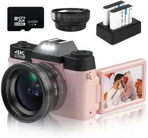 Digital Cameras for Photography, 4K 48MP Vlogging Camera 16X Digital Zoom Manual Focus Students Compact Camera with 52mm Wide-Angle Lens & Macro Lens, 32G Micro Card and 2 Batteries (Pink) | Manual Fo Digital Cameras for Photography, 4K 48MP Vlogging Camera 16X Digital Zoom Manual Focus Students Compact Camera with 52mm Wide-Angle Lens & Macro Lens, 32G Micro Card and 2 Batteries (Pink) | Manual Fo