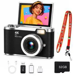 4K Digital Camera with Flip Screen, 4800W Point and Shoot Digital Cameras for Photography, 180° Rotating Selfie Camera with 32GB SD Card,Neck Lanyard,Fill Light for Teens Kids Travel(Black) 4K Digital Camera with Flip Screen, 4800W Point and Shoot Digital Cameras for Photography, 180° Rotating Selfie Camera with 32GB SD Card,Neck Lanyard,Fill Light for Teens Kids Travel(Black)