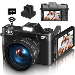 4K Digital Camera for Photography & Vlogging, 56MP YouTube Camera with WiFi | Compact Travel Camera 3" 180° Flip Screen, 16X Digital Zoom, 52mm Wide Angle & Macro Lens, 32GB TF Card, 2 Batteries Bla 4K Digital Camera for Photography & Vlogging, 56MP YouTube Camera with WiFi | Compact Travel Camera 3" 180° Flip Screen, 16X Digital Zoom, 52mm Wide Angle & Macro Lens, 32GB TF Card, 2 Batteries Bla