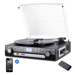 Bluetooth Record Player with Stereo Speakers, Turntable for Vinyl to MP3 with Cassette Play, AM/FM Radio, Remote Control, USB/SD Encoding, 3.5mm Music Output Jack(Black) Bluetooth Record Player with Stereo Speakers, Turntable for Vinyl to MP3 with Cassette Play, AM/FM Radio, Remote Control, USB/SD Encoding, 3.5mm Music Output Jack(Black)