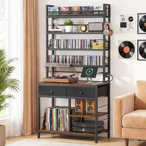 Tall CD Rack with Power Outlet & Drawers, 8-Tier DVD Storage Shelf | Media Storage Cabinet for CDs/DVDs, Vinyl Records, Books Games, Ideal for Living Room Home Office, 31.5x15.7x70.6 in, Brown Tall CD Rack with Power Outlet & Drawers, 8-Tier DVD Storage Shelf | Media Storage Cabinet for CDs/DVDs, Vinyl Records, Books Games, Ideal for Living Room Home Office, 31.5x15.7x70.6 in, Brown