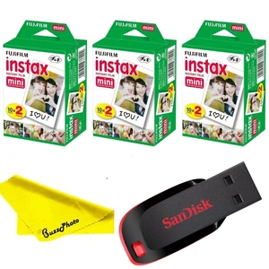 Instax Mini Instant Camera Film with Sandisk 32 GB USB Flash Drive + 3 x Mini Twin Packs (60 Sheets) and Buzz-Photo Microfiber Cleaning Cloth Instax Mini Instant Camera Film with Sandisk 32 GB USB Flash Drive + 3 x Mini Twin Packs (60 Sheets) and Buzz-Photo Microfiber Cleaning Cloth