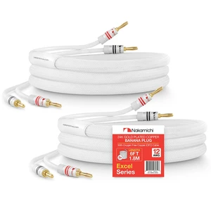 24k Gold Plated Banana Plugs Speaker Cables 99.9% OFC (6 Feet) Oxygen-Free Copper, Excel Series, Amplifier Heavy Duty Braided In-Wall CL2 Rated Wires - White (12AWG / 6ft / 1.8m) 2-Pack 24k Gold Plated Banana Plugs Speaker Cables 99.9% OFC (6 Feet) Oxygen-Free Copper, Excel Series, Amplifier Heavy Duty Braided In-Wall CL2 Rated Wires - White (12AWG / 6ft / 1.8m) 2-Pack