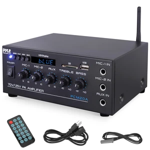 Compact 40 watt Mini 70v Public Address Amplifier Bluetooth Wireless, 2 Mic Inputs with Talkover - LED Display - USB / SD/MMC Input with MP3 Player, ¼ inch Aux In - PCM20A Compact 40 watt Mini 70v Public Address Amplifier Bluetooth Wireless, 2 Mic Inputs with Talkover - LED Display - USB / SD/MMC Input with MP3 Player, ¼ inch Aux In - PCM20A